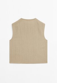 Débardeur beige sans manches avec un col arrondi et un tissu doux et texturé. Coupe droite à l'ourlet, design léger et minimaliste.