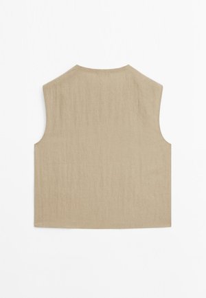 Beige ärmelloses Oberteil mit rundem Ausschnitt und weichem, strukturiertem Stoff. Gerade Schnittführung am Saum, leicht und minimalistisches Design.