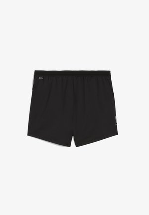 Svarta sportshorts med elastisk midja, tillverkade av fuktavledande material. Har en liten logotyp och ett subtilt mönster på sidan.