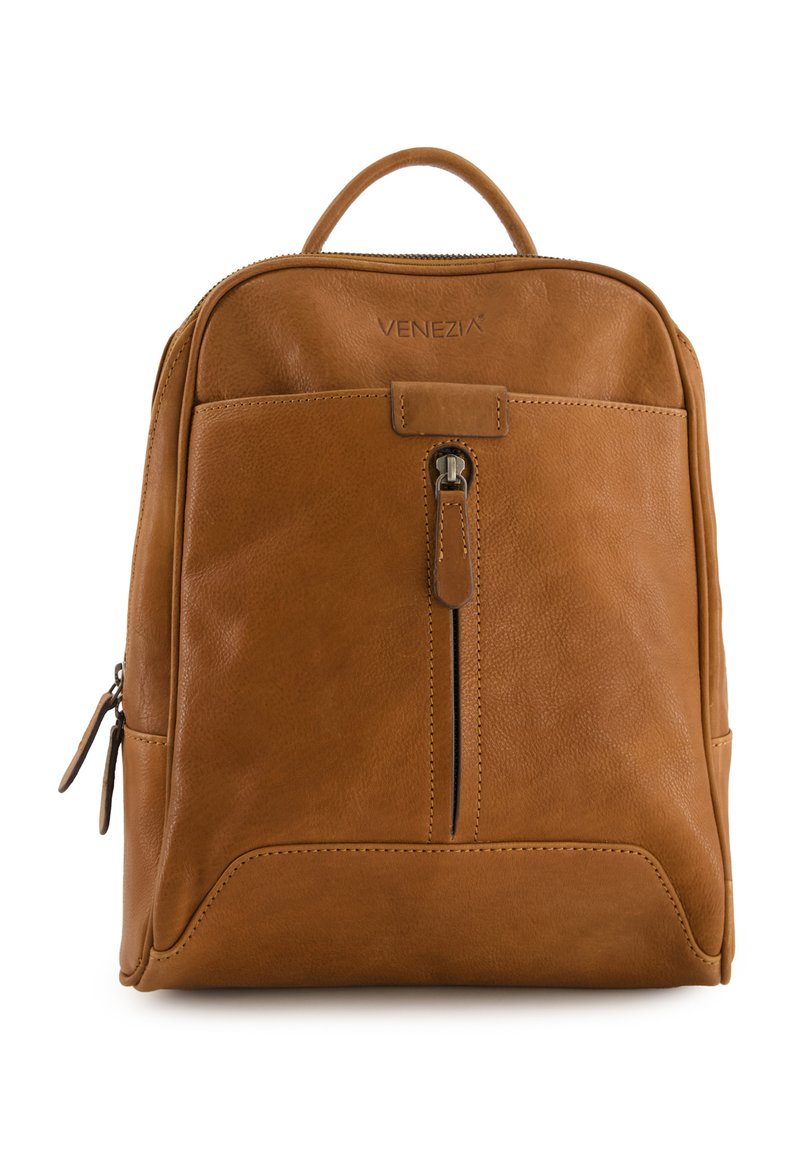 Tan leather backpack featuring a front zipper pocket, stitched accents, and a top handle. Smooth texture with a minimalist design.