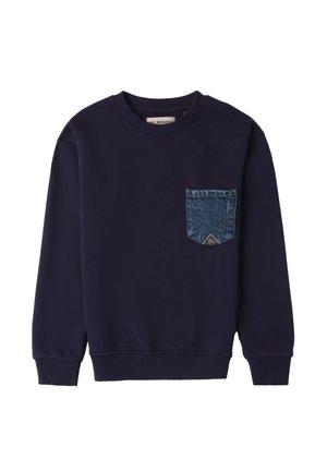 Felpa blu notte realizzata in morbido tessuto, con colletto girocollo, polsini a costine e una tasca sul petto in denim con logo a triangolo.