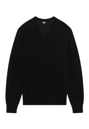 Maglione nero a V realizzato in tessuto morbido, con maniche lunghe e un logo discreto sul lato sinistro del petto. Texture liscia, design classico.