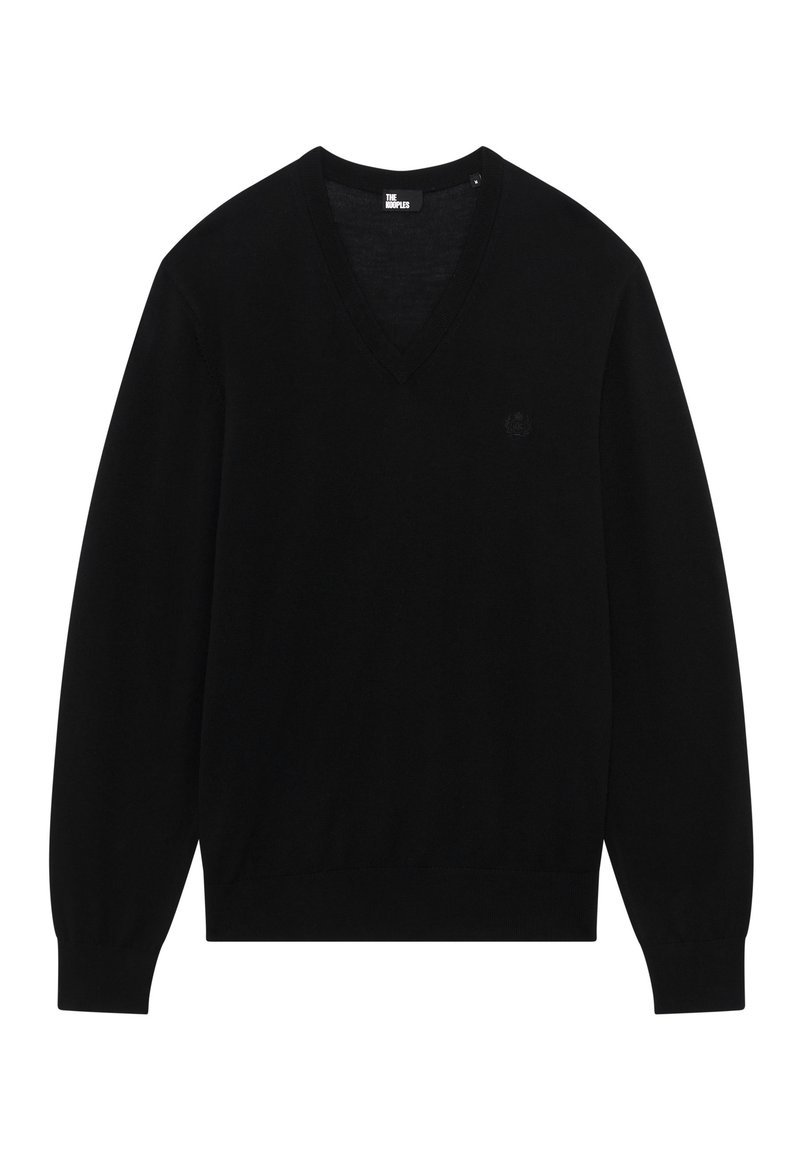 Pull noir en V fabriqué à partir d'un tissu doux, avec des manches longues et un logo discret sur la poitrine gauche. Texture lisse, design classique.