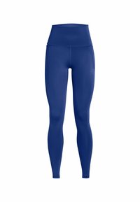 Legginsy o wysokim stanie w jednolitym granatowym kolorze, z gładkiego, elastycznego materiału oraz bocznymi kieszeniami na praktyczne przechowywanie.
