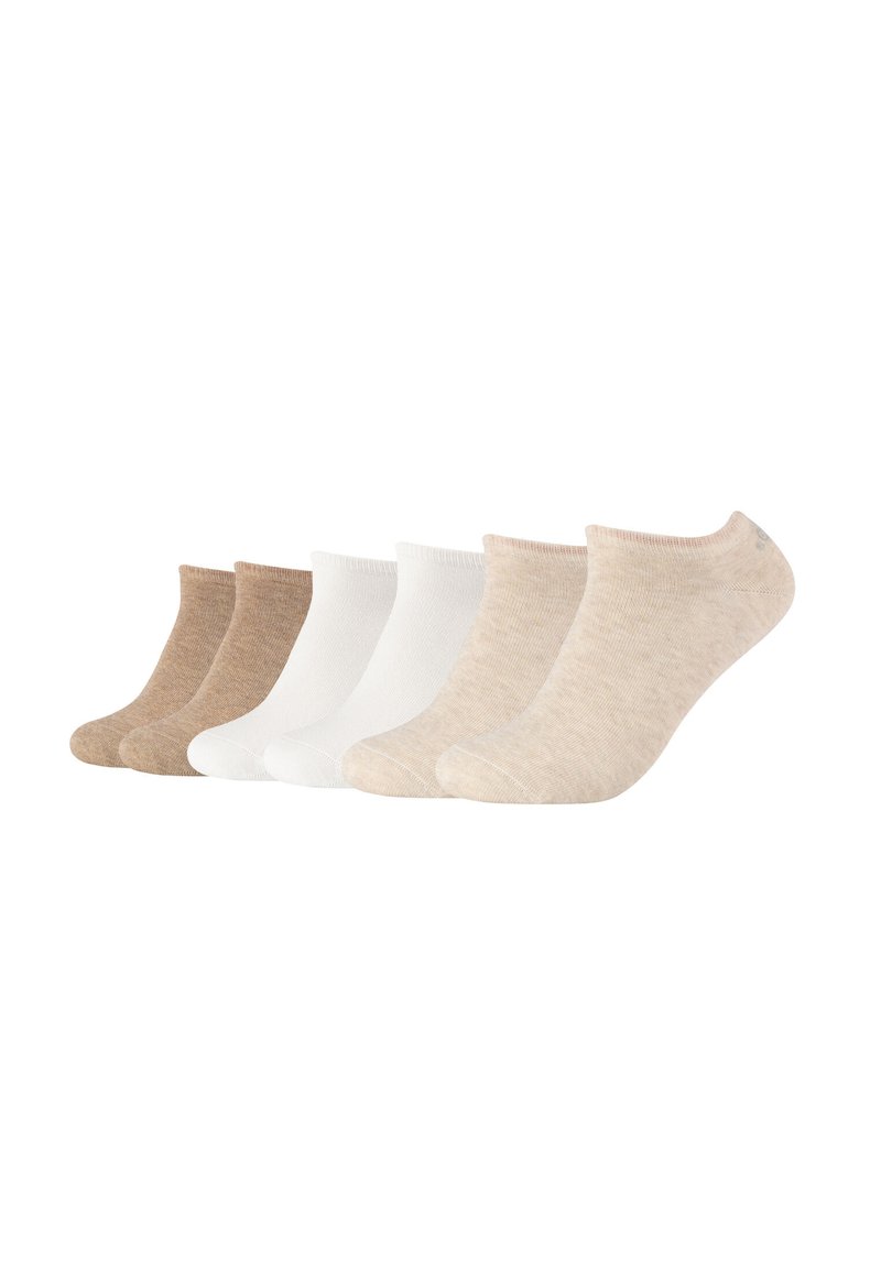 Sæt af seks ankelstrømper i beige og hvide nuancer, med en blød tekstur og elastiske manchetter; glat strik med minimale mønstre.