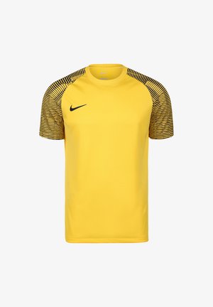Geel sportshirt met korte mouwen, versierd met een zwart-geel gestreept patroon op de schouders. Het heeft een ronde hals en het Nike-logo in het zwart.