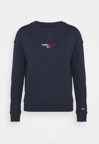 Marinblå sweatshirt i bomull med rund hals, ribbad mudd och en logotyp i rött och vitt på bröstet.
