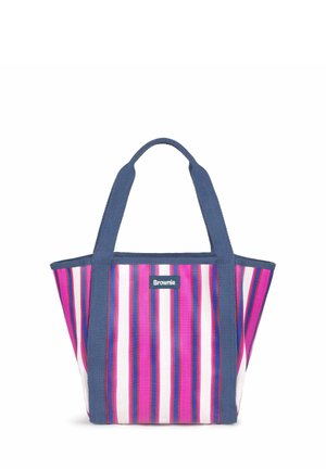 Petit sac cabas avec des rayures verticales roses, violettes, blanches et bleues et des poignées bleu marine, étiqueté "Brownie" sur le devant.