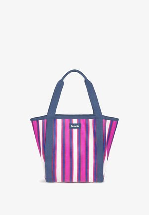 Petit sac cabas avec des rayures verticales roses, violettes, blanches et bleues et des poignées bleu marine, étiqueté "Brownie" sur le devant.