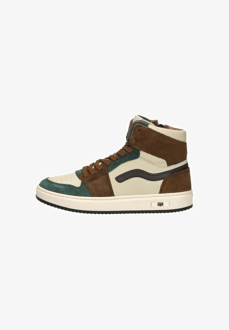 Hoge sneakers met een mix van beige leer, donkerbruin suède en groene accenten. Stevige rubberen zool met een gestructureerde afwerking.