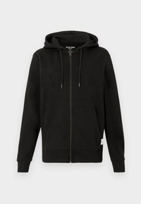 Sweat à capuche noir à fermeture éclair complète avec poches avant, capuche à cordon, poignets côtelés et une étiquette de taille moyenne à l'intérieur du col.