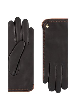 Black leather gloves featuring a sleek design, with a smooth texture and contrasting brown stitching along the edges.