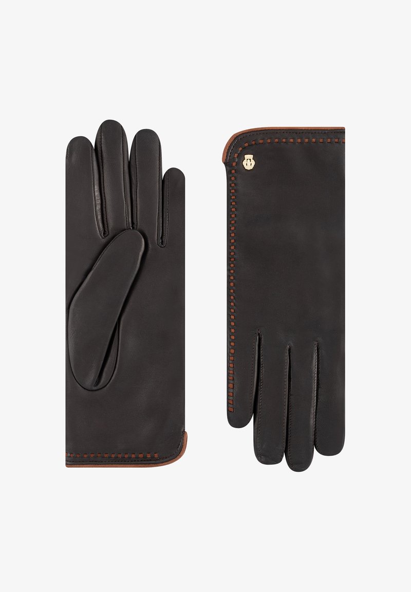 Black leather gloves featuring a sleek design, with a smooth texture and contrasting brown stitching along the edges.