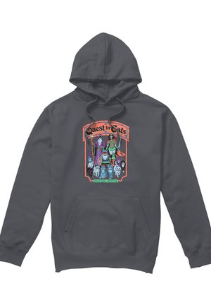 Dark gray hoodie with a colorful fantasy-themed graphic showing cats and characters under the title "Quest for Cats" and subtitle "Roleplaying Adventure."