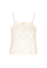 Top corto lavorato a maglia color crema con sottili spalline regolabili, caratterizzato da un motivo a diamante e una texture liscia. Etichetta sullo scollo.