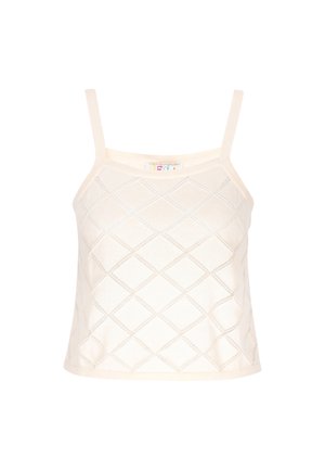 Kremasti pleteni crop top sa tankim podesivim naramenicama, s dijamantskim uzorkom i glatkom teksturom. Oznaka na izrezu.