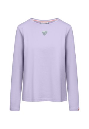 Lilac long-sleeve shirt with a small silver heart emblem centered below the neckline, round collar, and simple hemmed cuffs.