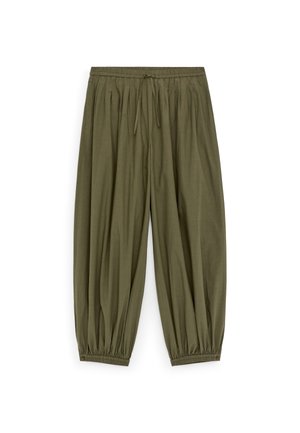 Weit geschnittene olivgrüne Hose mit elastischem Bund und Bündchen am Knöchel, mit Kordelzug am Taillenbund.