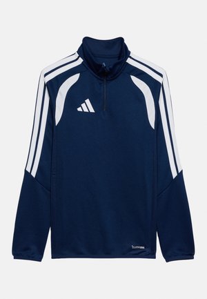 Tumesinine pika varrukaga spordipluus valgete õlajoontega, veerandlukk ja Adidas logo rinnal, alumisel äärel märgistusega "Climacool".