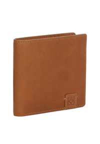 Portafoglio in pelle marrone con una superficie liscia, design a due pieghe e dettaglio logo in rilievo sul fronte. Presenta accenti di cucitura pulita.