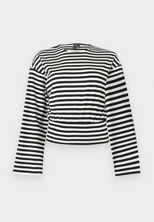 Mustvalgete horisontaalsete triipudega piklike varrukatega kärbitud top, millel on ümara kaelusega ja veidi kogutud vöökoht.