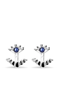Boucles d'oreilles en argent en forme d'yeux stylisés, avec un centre en pierre précieuse bleue et des accents ondulés sur la partie inférieure. Finition brillante.
