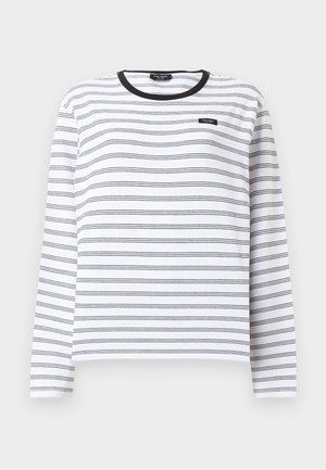 White long-sleeve shirt with thin black horizontal stripes, black collar trim, and a small brand label on the left chest.