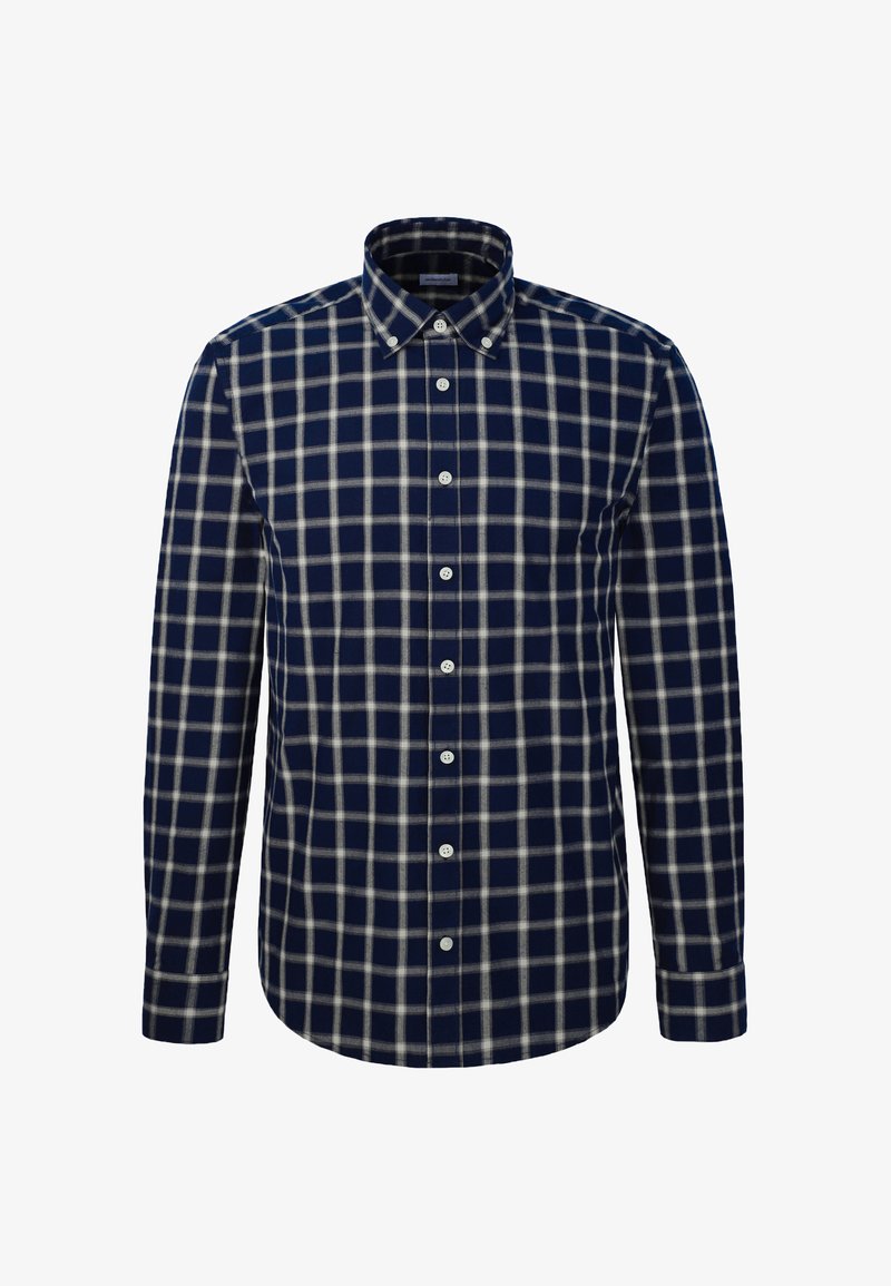 Chemise bleu marine à manches longues avec motif à carreaux blancs et col boutonné, présentée sur fond blanc.