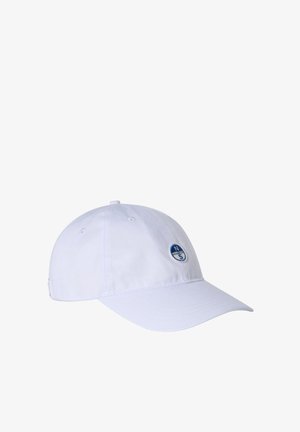 White baseball cap with curved brim and small blue and white circular logo on the front right panel.