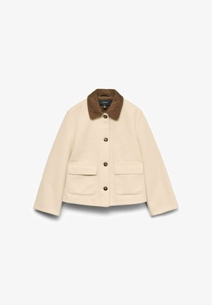 Kreemjas villane jakk pruunide kordurohkrae ja kahe eesmise taskuga, pruunide nööpidega, struktureeritud disainiga ja pika varrukaga.