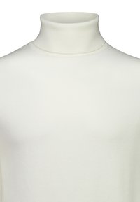 Weißer Rollkragenpullover aus weichem Strickmaterial. Hat einen enganliegenden Kragen und eine glatte Textur, ideal zum Schichten.