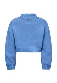 Maglione cropped in maglia di colore azzurro chiaro con colletto alto a costine, maniche lunghe e polsini a costine. Texture morbida, design a vestibilità ampia.