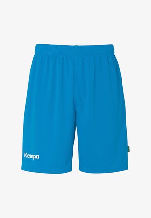 Blaue Sportshorts mit elastischem Bund, aus leichtem Stoff gefertigt. Mit weißem "Kempa"-Logo auf dem linken Bein.