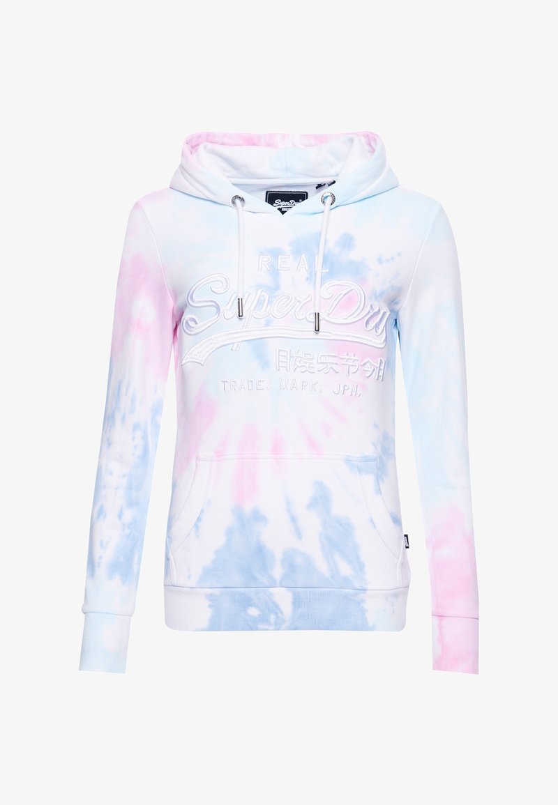 Sweat à capuche avec un motif tie-dye pastel, présentant des nuances de rose et de bleu, avec un logo brodé "SuperDry" et une poche avant. Confectionné en tissu doux.
