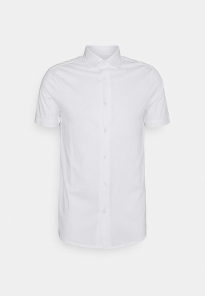 Short-sleeve white button-up shirt in cotton fabric, featuring a pointed collar, six buttons, and a straight hem with subtle texture.