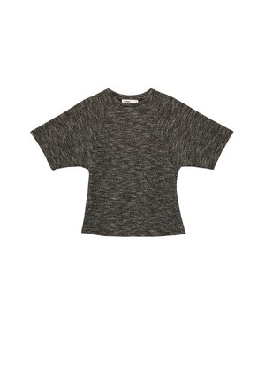 Haut en maille à manches courtes gris foncé avec un motif zigzag texturé et un col rond, posé à plat sur un fond blanc.