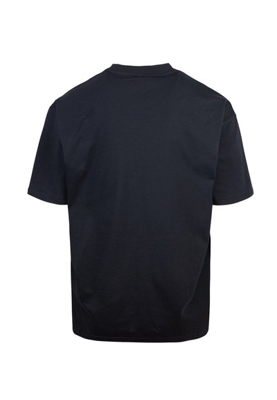 T-shirt nera a maniche corte in cotone, con un design semplice, scollatura rotonda e un colore uniforme senza fantasie o grafiche.