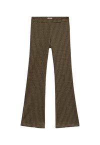 Pantalons évasés à motif marron avec une taille élastique, présentant un design géométrique dans des couleurs contrastées. Texture de tissu lisse.