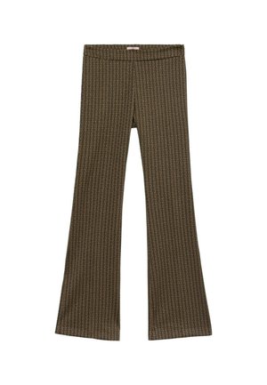 Braun gemusterte Schlaghosen mit elastischem Bund, ausgestattet mit einem geometrischen Design in kontrastierenden Farben. Glatte Stofftextur.