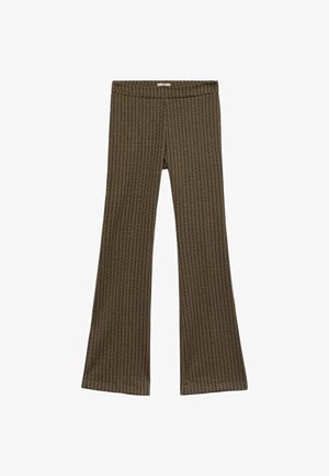 Pantaloni svasati marroni con motivo, dotati di una cintura elastica, caratterizzati da un design geometrico in colori contrastanti. Tessuto dalla texture liscia.