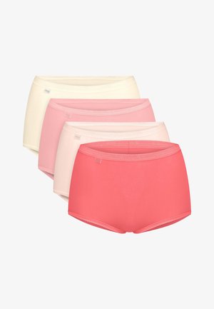 Cztery bezszwowe damskie figi z wysokim stanem w kolorach kremowym, różowym, jasnopomarańczowym i koralowym, ułożone w stos, z koralowym na przodzie, na białym tle.