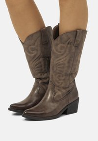 Botas de cowboy de imitación cuero marrón con punta afilada, costuras decorativas y tacón bajo en bloque; cuentan con una cremallera lateral para facilitar su uso.