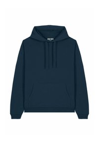 Maglione in cotone blu navy con tasca frontale, cappuccio regolabile con cordino e polsini a costine. Design minimalista, senza motivi né dettagli.