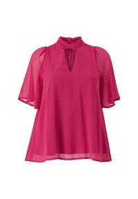 Fuchsia bluse med korte, puffede ærmer, en nøglehul-udskæring og et tekstureret prikket mønster hele vejen igennem. Fremstillet af letvægtsstof.