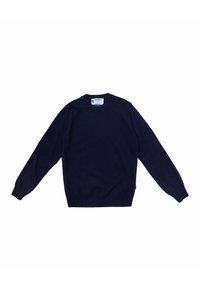 Maglione blu navy a girocollo realizzato in morbido tessuto lavorato a maglia. Presenta maniche lunghe, polsini e orlo a coste, e una piccola etichetta con logo sul lato.