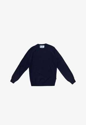 Maglione blu navy a girocollo realizzato in morbido tessuto lavorato a maglia. Presenta maniche lunghe, polsini e orlo a coste, e una piccola etichetta con logo sul lato.