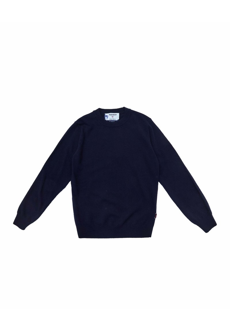 Maglione blu navy a girocollo realizzato in morbido tessuto lavorato a maglia. Presenta maniche lunghe, polsini e orlo a coste, e una piccola etichetta con logo sul lato.