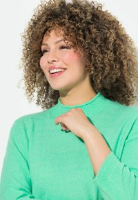 Maglione verde menta con un colletto alto a costine e maniche lunghe, caratterizzato da una texture morbida e una vestibilità ampia. Lo sfondo è bianco puro.