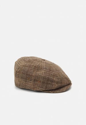 Brown tweed flat cap with a checkered pattern, side vents, and a short stiff brim, displayed on a white background.