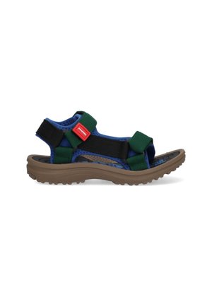 Multikleurige sandalen met een bruine zool, voorzien van groene en zwarte banden, verstelbare klittenbandsluitingen en een gestructureerde binnenzool.
